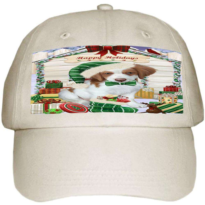 Happy Holidays Christmas Brittany Spaniel Dog House with Presents Ball Hat Cap HAT57816