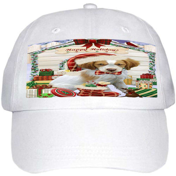 Happy Holidays Christmas Brittany Spaniel Dog House with Presents Ball Hat Cap HAT57819