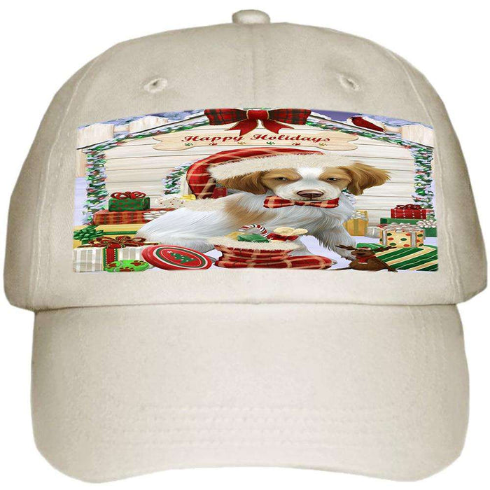 Happy Holidays Christmas Brittany Spaniel Dog House with Presents Ball Hat Cap HAT57819