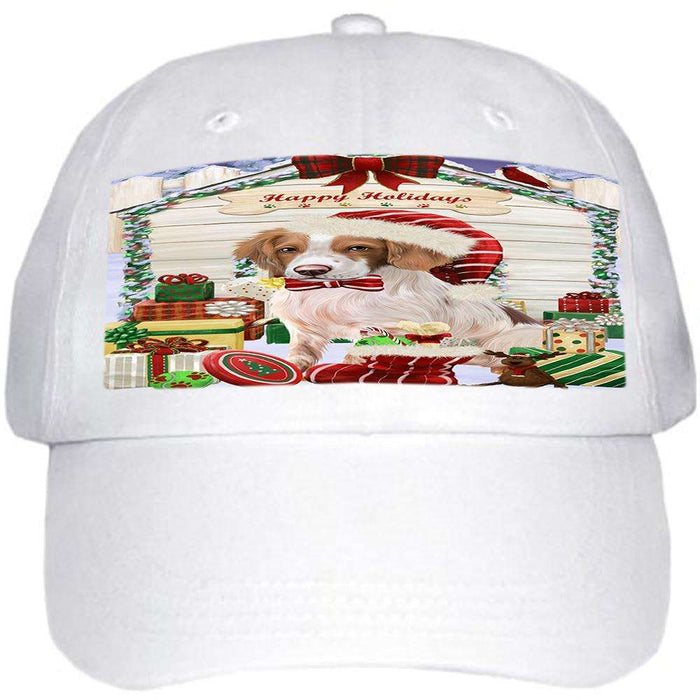 Happy Holidays Christmas Brittany Spaniel Dog House with Presents Ball Hat Cap HAT57822