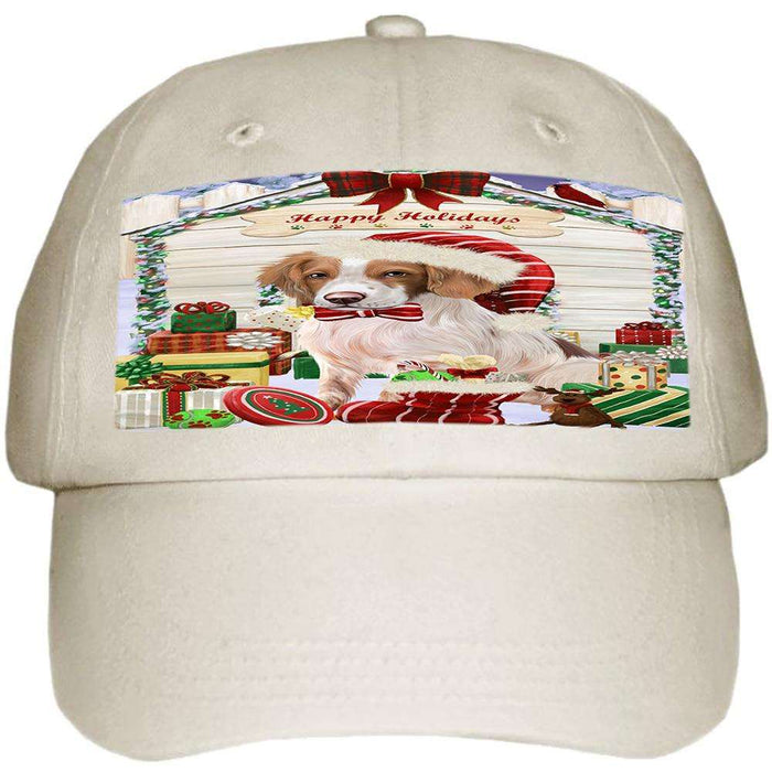 Happy Holidays Christmas Brittany Spaniel Dog House with Presents Ball Hat Cap HAT57822