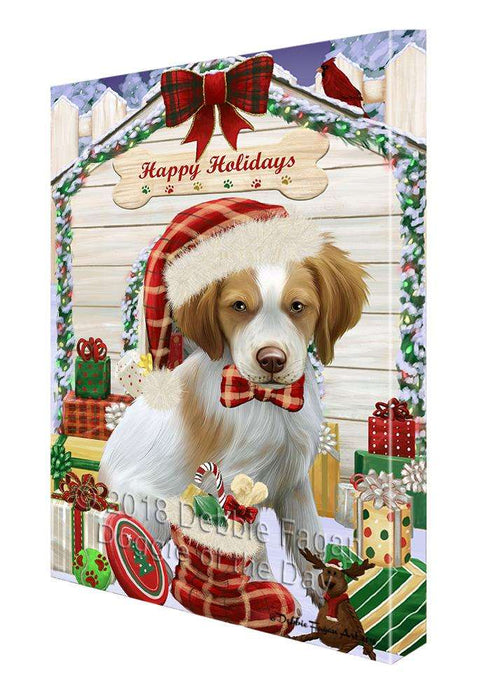 Happy Holidays Christmas Brittany Spaniel Dog House with Presents Canvas Print Wall Art Décor CVS78848