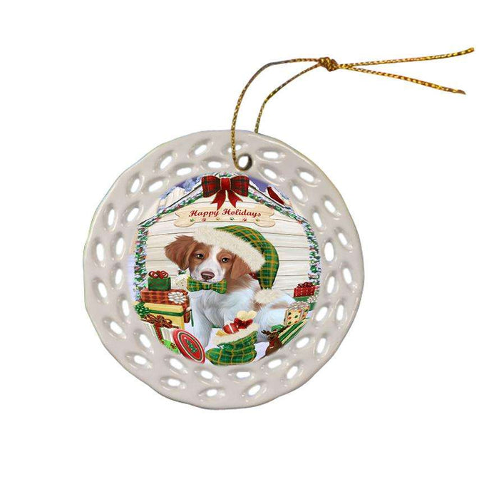 Happy Holidays Christmas Brittany Spaniel Dog House with Presents Ceramic Doily Ornament DPOR51360