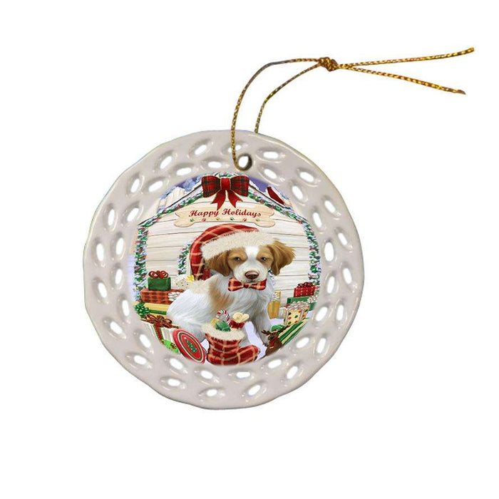 Happy Holidays Christmas Brittany Spaniel Dog House with Presents Ceramic Doily Ornament DPOR51362