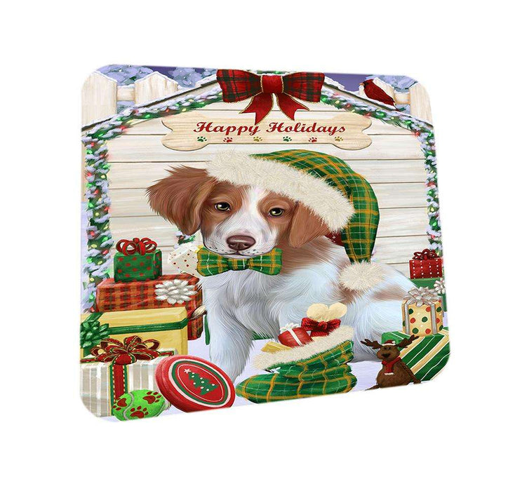 Happy Holidays Christmas Brittany Spaniel Dog House with Presents Coasters Set of 4 CST51319