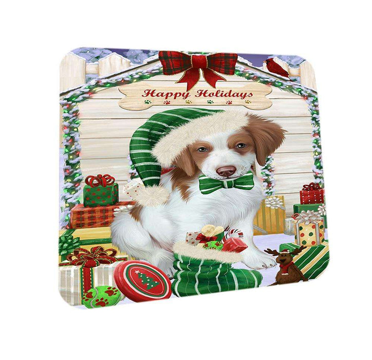 Happy Holidays Christmas Brittany Spaniel Dog House with Presents Coasters Set of 4 CST51320