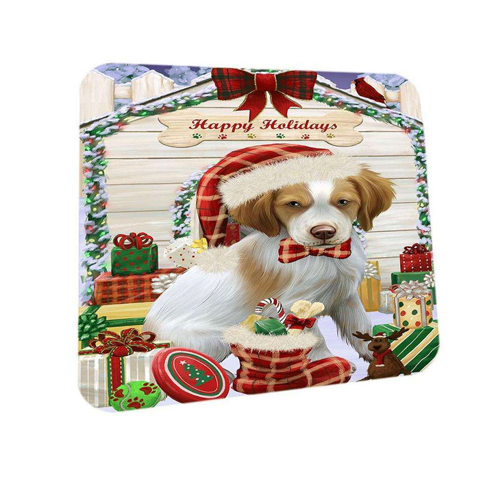 Happy Holidays Christmas Brittany Spaniel Dog House with Presents Coasters Set of 4 CST51321