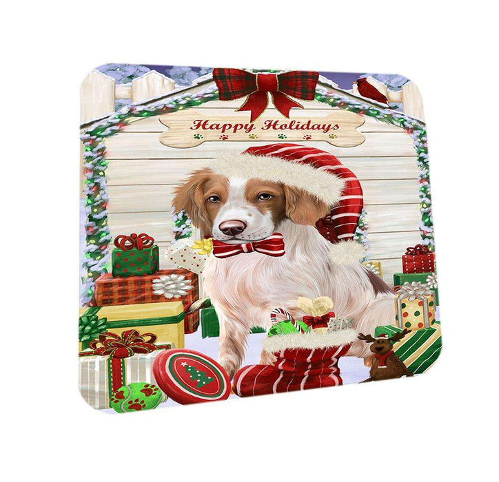 Happy Holidays Christmas Brittany Spaniel Dog House with Presents Coasters Set of 4 CST51322