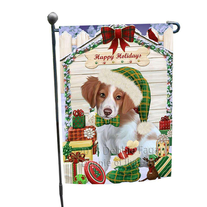 Happy Holidays Christmas Brittany Spaniel Dog House with Presents Garden Flag GFLG51282