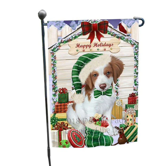 Happy Holidays Christmas Brittany Spaniel Dog House with Presents Garden Flag GFLG51283