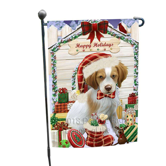 Happy Holidays Christmas Brittany Spaniel Dog House with Presents Garden Flag GFLG51284
