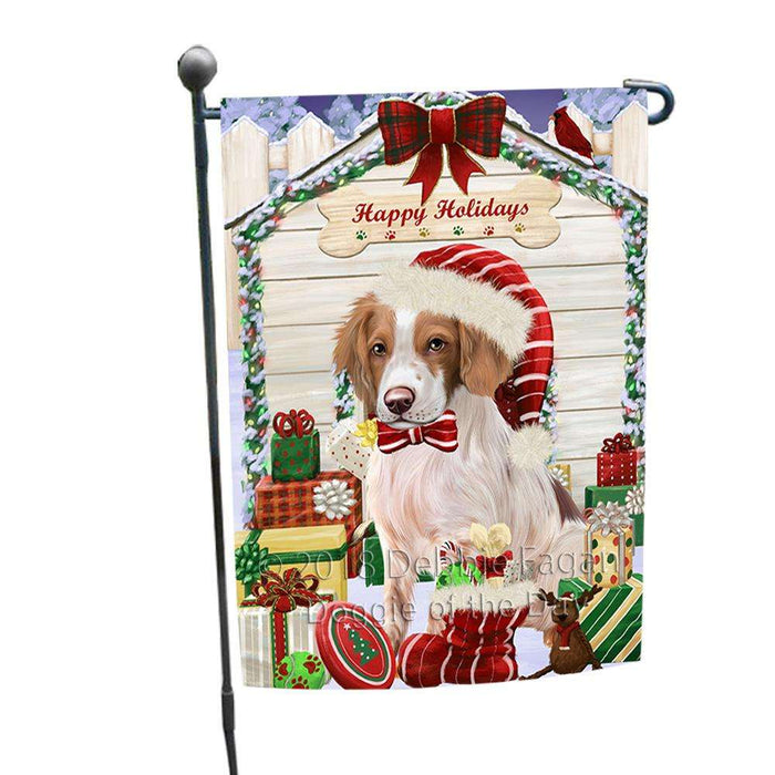 Happy Holidays Christmas Brittany Spaniel Dog House with Presents Garden Flag GFLG51285