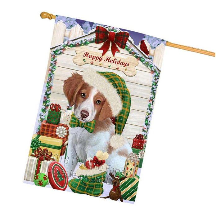 Happy Holidays Christmas Brittany Spaniel Dog House with Presents House Flag FLG51418