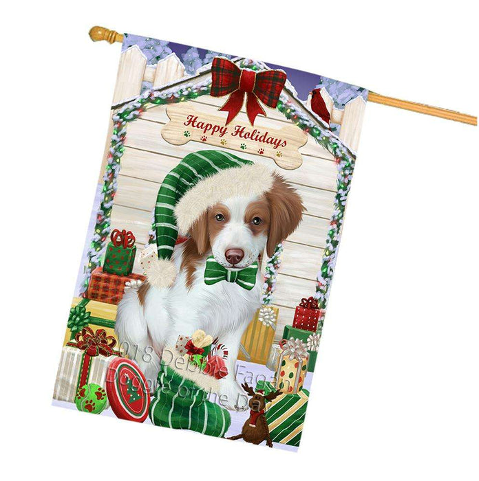 Happy Holidays Christmas Brittany Spaniel Dog House with Presents House Flag FLG51419
