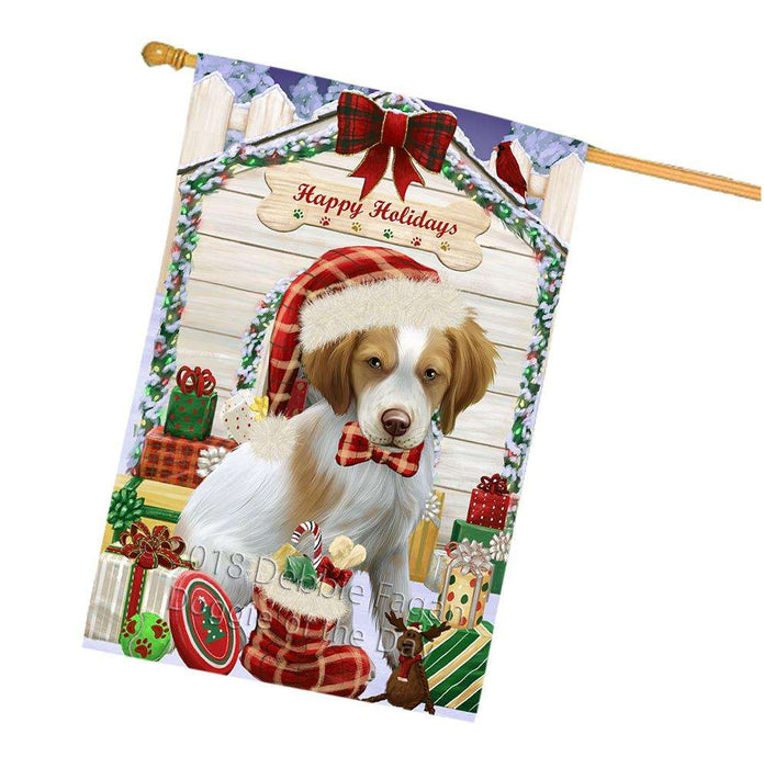Happy Holidays Christmas Brittany Spaniel Dog House with Presents House Flag FLG51420
