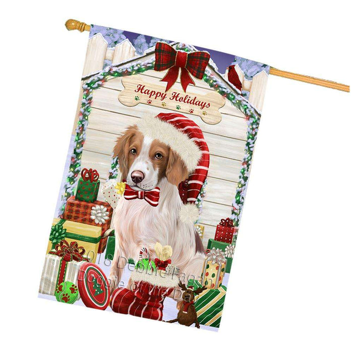Happy Holidays Christmas Brittany Spaniel Dog House with Presents House Flag FLG51421