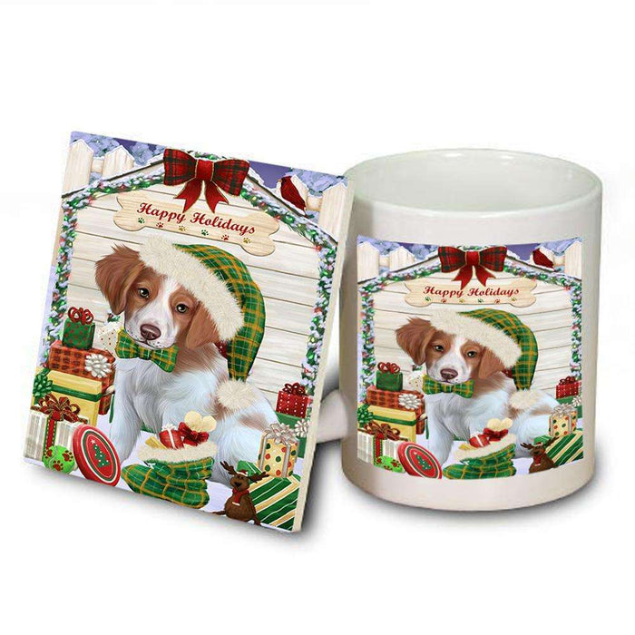 Happy Holidays Christmas Brittany Spaniel Dog House with Presents Mug and Coaster Set MUC51352