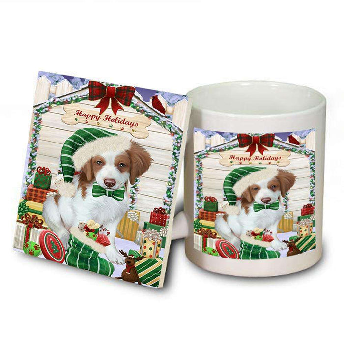 Happy Holidays Christmas Brittany Spaniel Dog House with Presents Mug and Coaster Set MUC51353