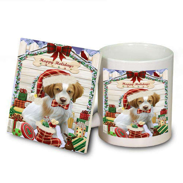 Happy Holidays Christmas Brittany Spaniel Dog House with Presents Mug and Coaster Set MUC51354