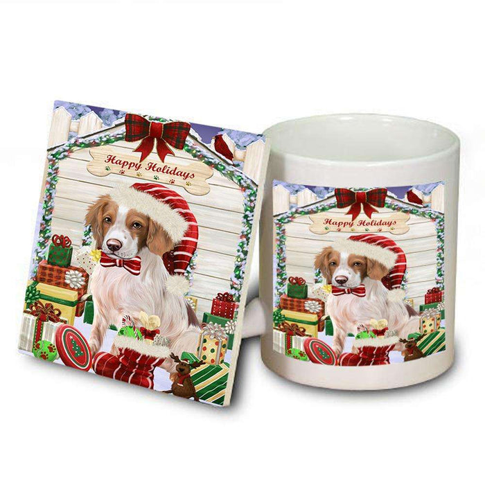 Happy Holidays Christmas Brittany Spaniel Dog House with Presents Mug and Coaster Set MUC51355