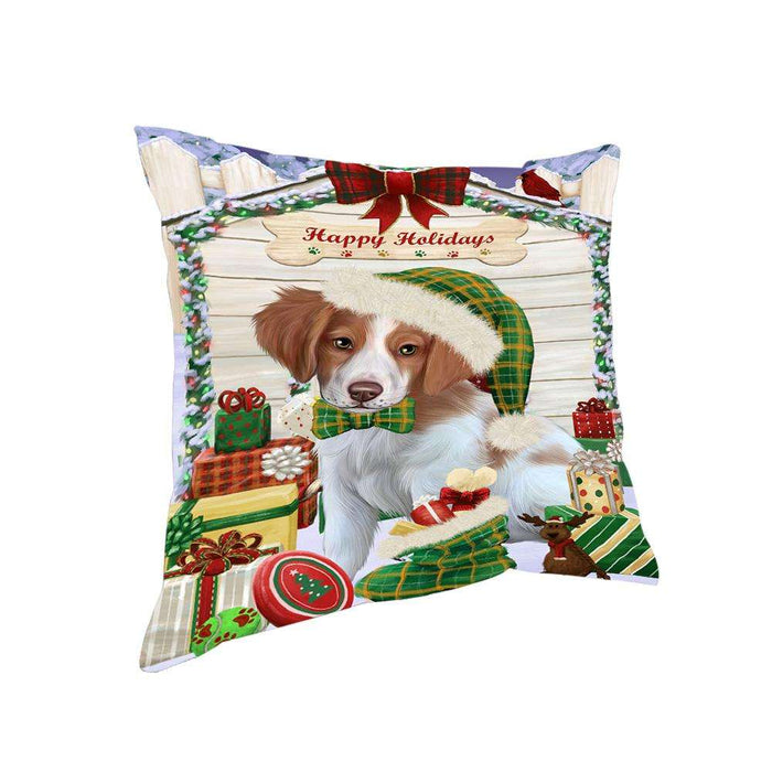 Happy Holidays Christmas Brittany Spaniel Dog House with Presents Pillow PIL61504