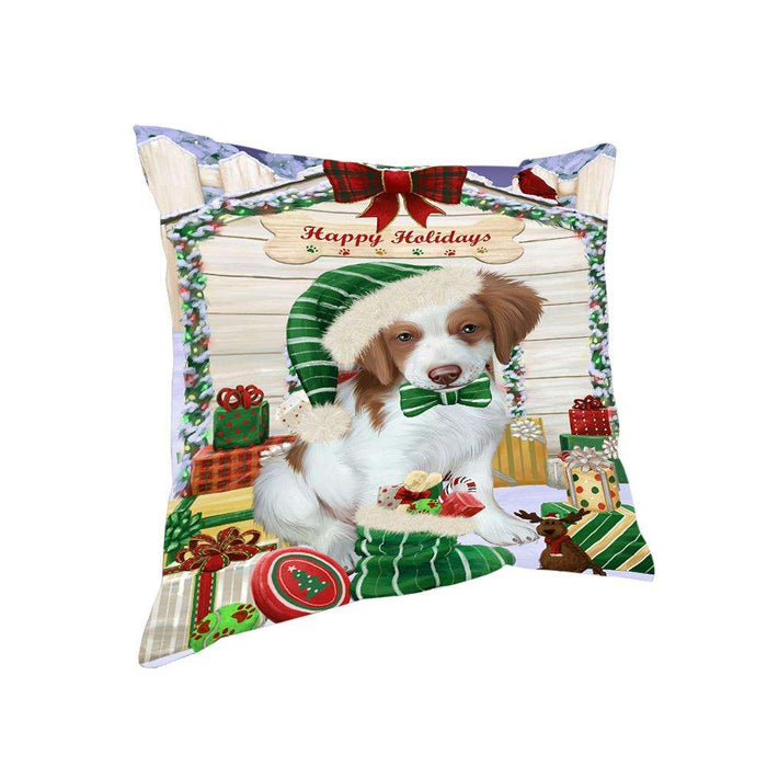 Happy Holidays Christmas Brittany Spaniel Dog House with Presents Pillow PIL61508