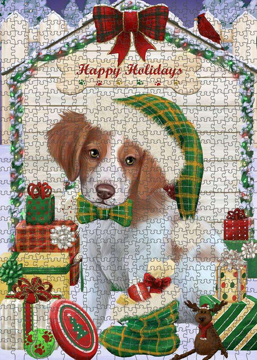 Happy Holidays Christmas Brittany Spaniel Dog House with Presents Puzzle with Photo Tin PUZL57942