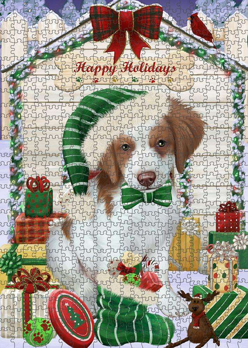 Happy Holidays Christmas Brittany Spaniel Dog House with Presents Puzzle with Photo Tin PUZL57945