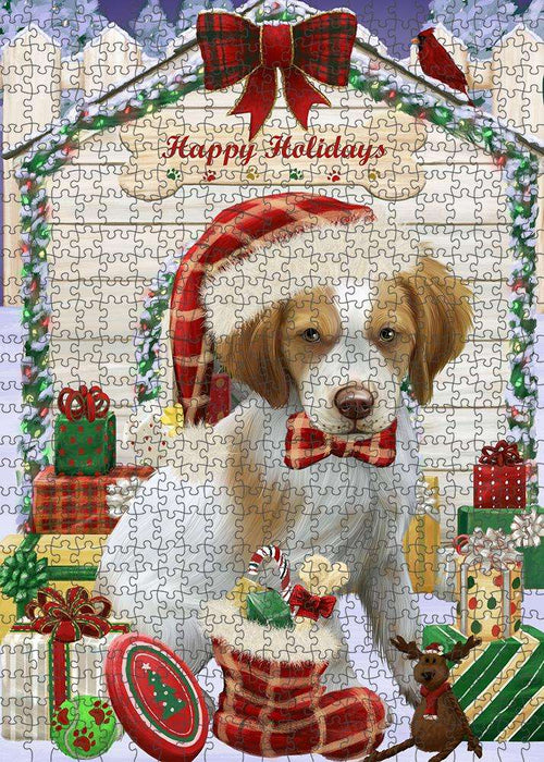 Happy Holidays Christmas Brittany Spaniel Dog House with Presents Puzzle with Photo Tin PUZL57948