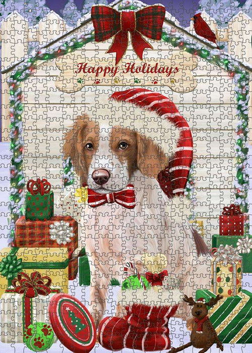 Happy Holidays Christmas Brittany Spaniel Dog House with Presents Puzzle with Photo Tin PUZL57951