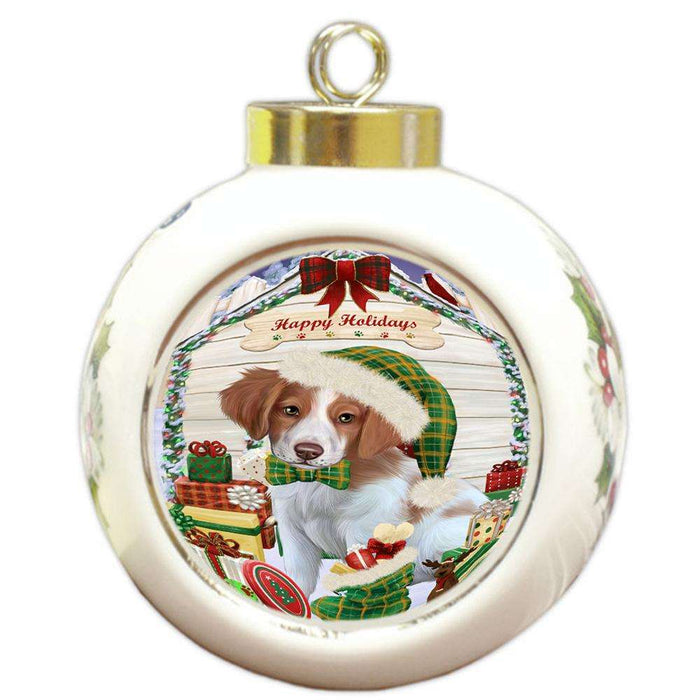 Happy Holidays Christmas Brittany Spaniel Dog House with Presents Round Ball Christmas Ornament RBPOR51360