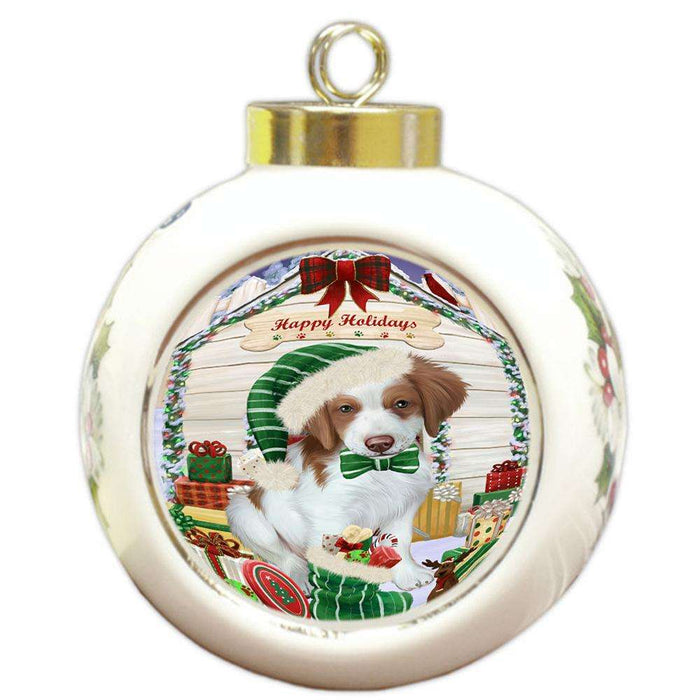 Happy Holidays Christmas Brittany Spaniel Dog House with Presents Round Ball Christmas Ornament RBPOR51361