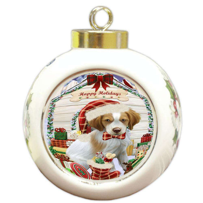 Happy Holidays Christmas Brittany Spaniel Dog House with Presents Round Ball Christmas Ornament RBPOR51362