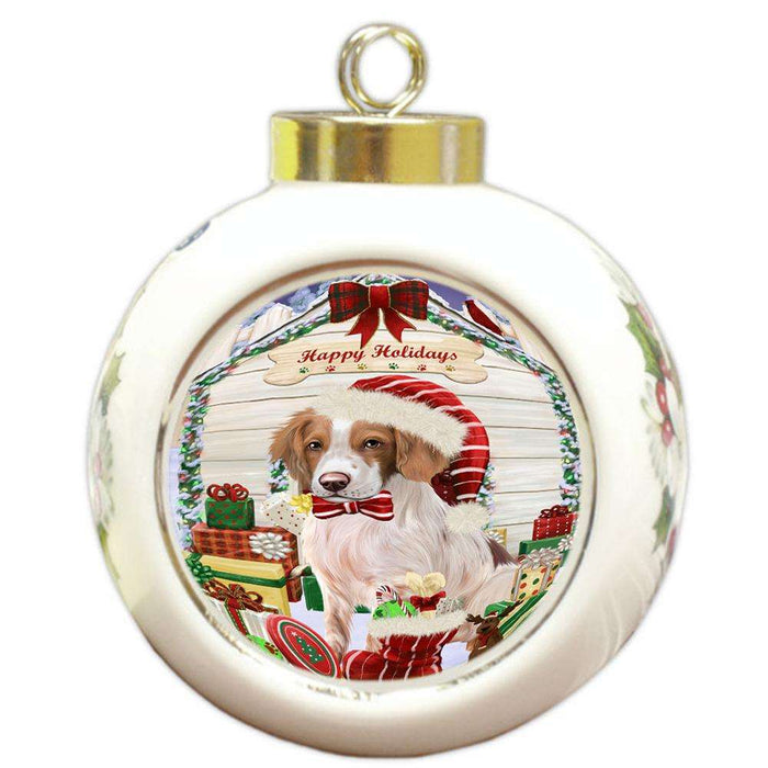 Happy Holidays Christmas Brittany Spaniel Dog House with Presents Round Ball Christmas Ornament RBPOR51363