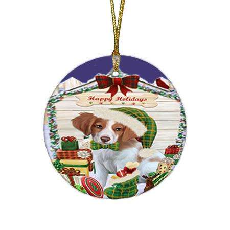 Happy Holidays Christmas Brittany Spaniel Dog House with Presents Round Flat Christmas Ornament RFPOR51351
