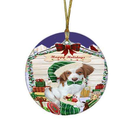 Happy Holidays Christmas Brittany Spaniel Dog House with Presents Round Flat Christmas Ornament RFPOR51352