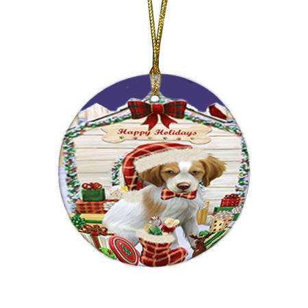 Happy Holidays Christmas Brittany Spaniel Dog House with Presents Round Flat Christmas Ornament RFPOR51353