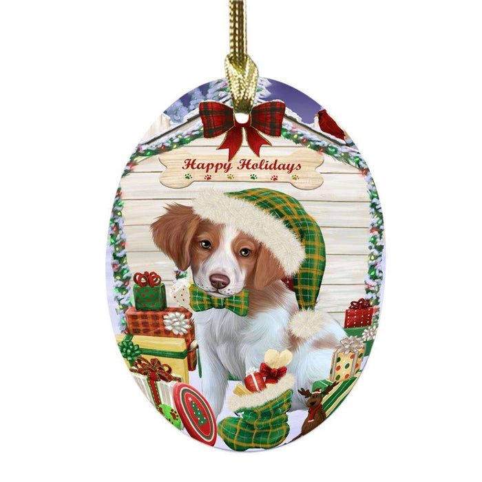 Happy Holidays Christmas Brittany Spaniel House With Presents Oval Glass Christmas Ornament OGOR49810