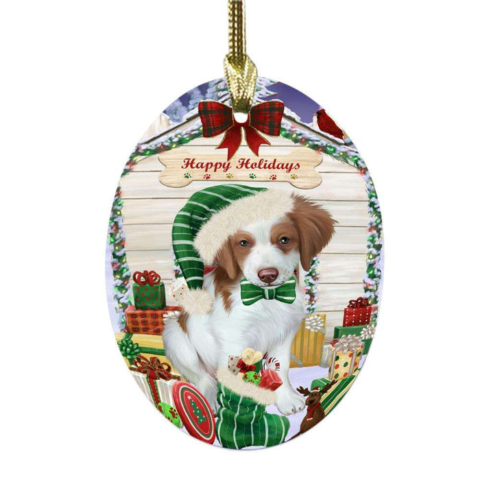 Happy Holidays Christmas Brittany Spaniel House With Presents Oval Glass Christmas Ornament OGOR49811