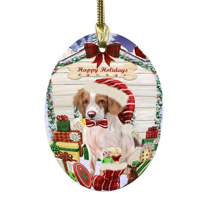 Happy Holidays Christmas Brittany Spaniel House With Presents Oval Glass Christmas Ornament OGOR49813