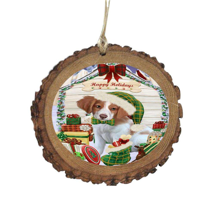 Happy Holidays Christmas Brittany Spaniel House With Presents Wooden Christmas Ornament WOR49810