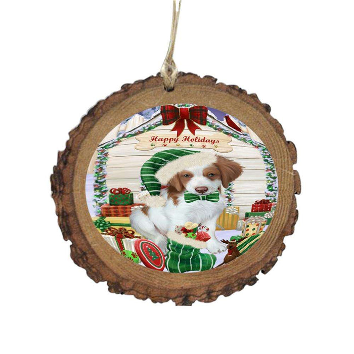 Happy Holidays Christmas Brittany Spaniel House With Presents Wooden Christmas Ornament WOR49811