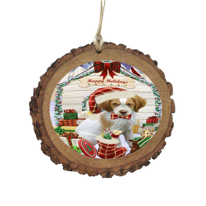 Happy Holidays Christmas Brittany Spaniel House With Presents Wooden Christmas Ornament WOR49812
