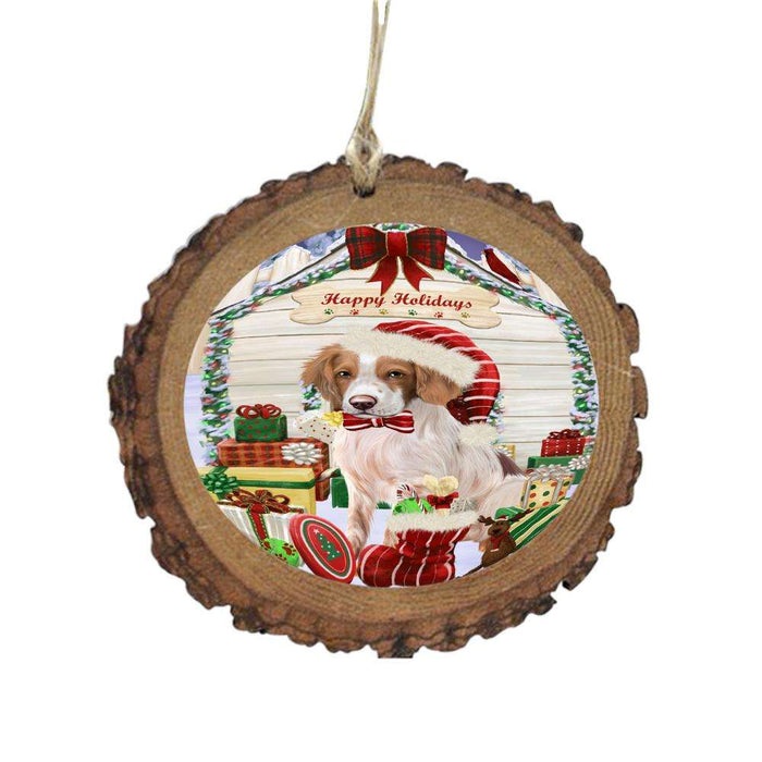 Happy Holidays Christmas Brittany Spaniel House With Presents Wooden Christmas Ornament WOR49813
