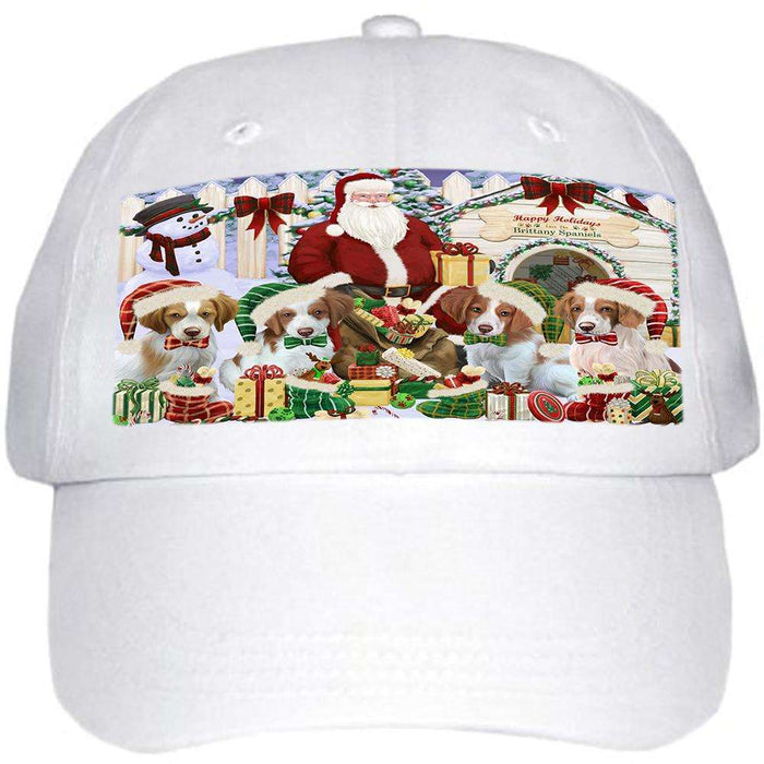 Happy Holidays Christmas Brittany Spaniels Dog House Gathering Ball Hat Cap HAT57591