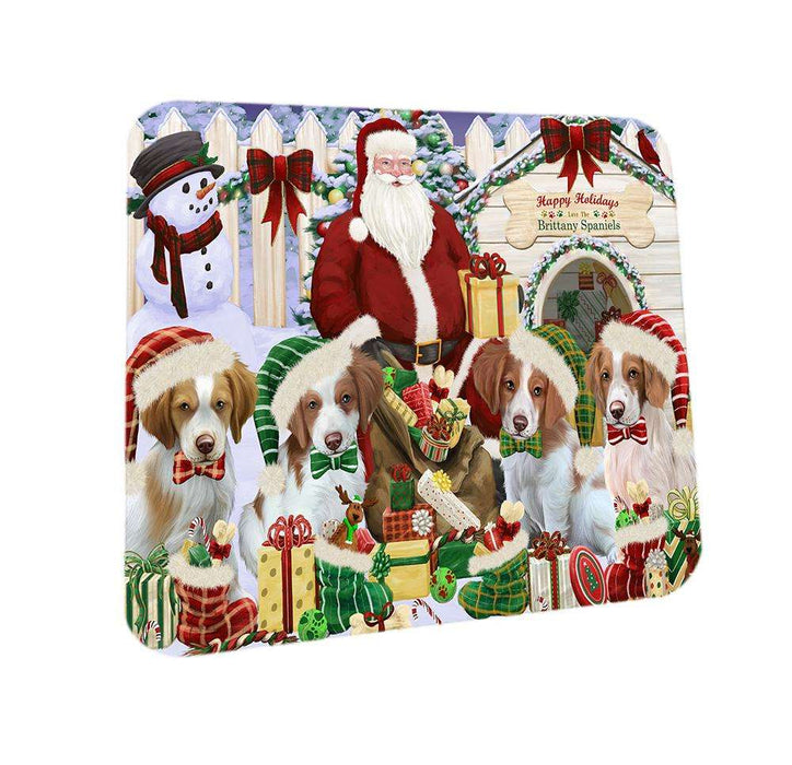 Happy Holidays Christmas Brittany Spaniels Dog House Gathering Coasters Set of 4 CST51245