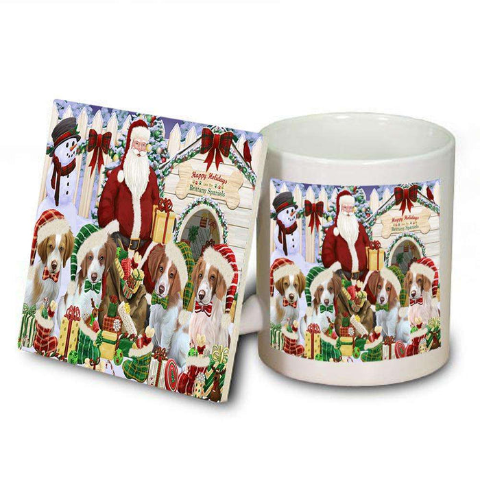 Happy Holidays Christmas Brittany Spaniels Dog House Gathering Mug and Coaster Set MUC51278