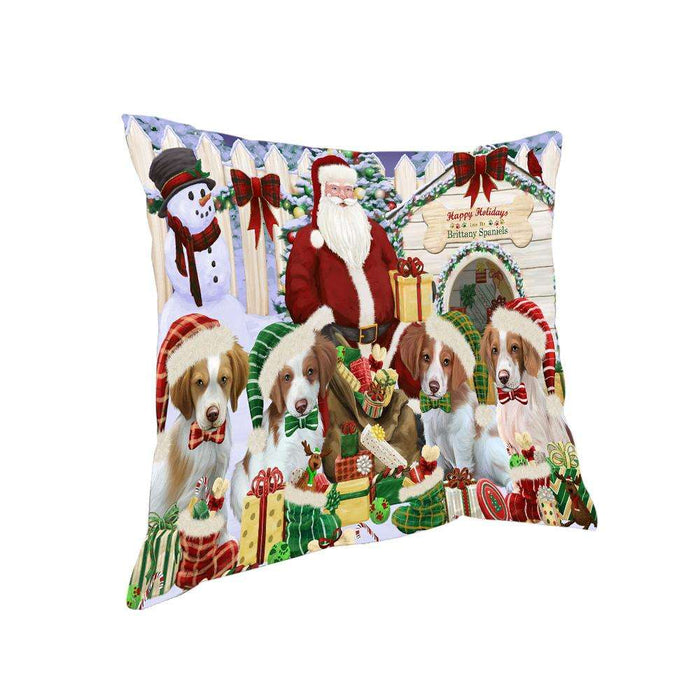 Happy Holidays Christmas Brittany Spaniels Dog House Gathering Pillow PIL61208