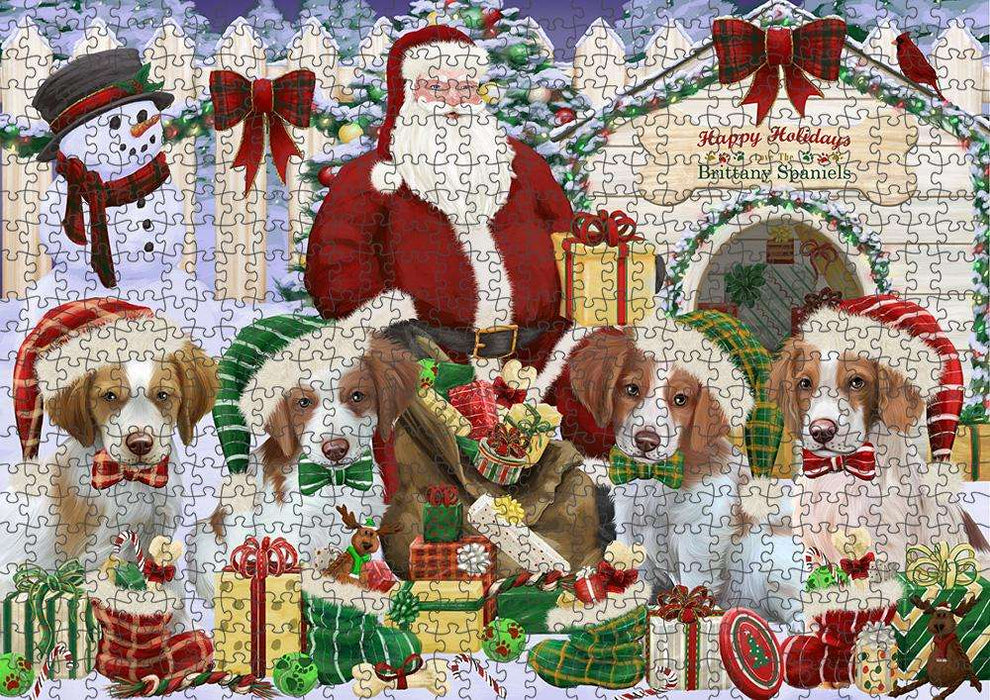 Happy Holidays Christmas Brittany Spaniels Dog House Gathering Puzzle with Photo Tin PUZL57720