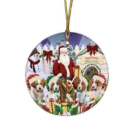 Happy Holidays Christmas Brittany Spaniels Dog House Gathering Round Flat Christmas Ornament RFPOR51277